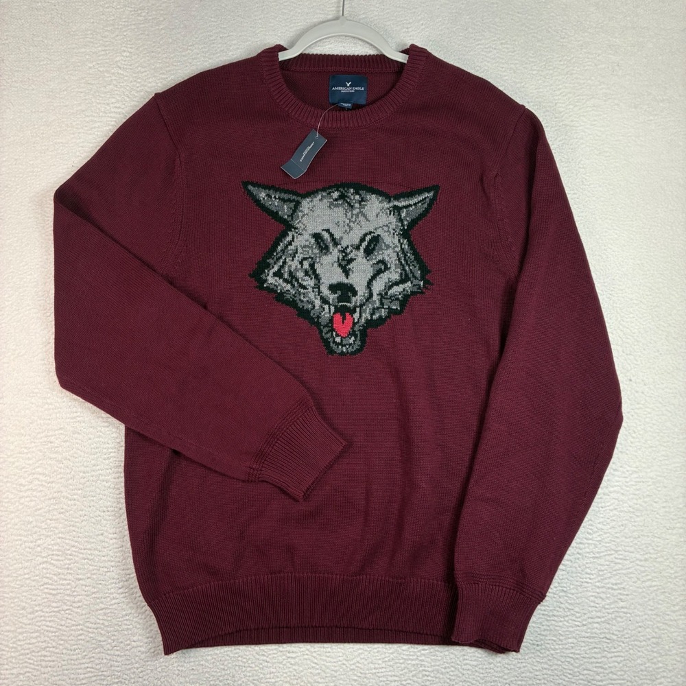 American Eagle Wolf Sweater Men XL Burgundy Graphic Knit Cotton Crewneck NWT